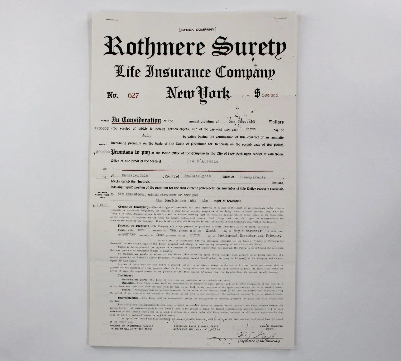 Boardwalk Empire: Rothmere Surety Life Insurance Policy For Leo D'Alessio