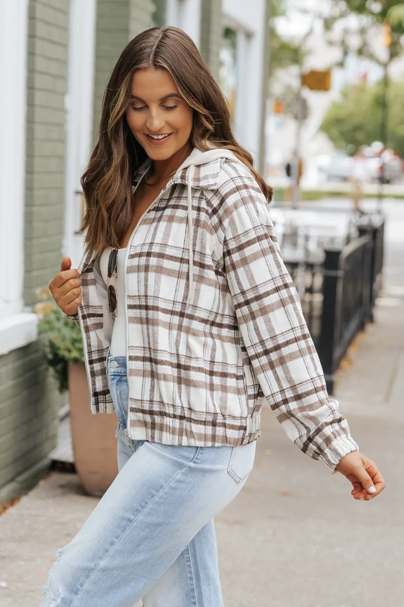 Brown Plaid Hooded Zip Up Jacket - FINAL SALE