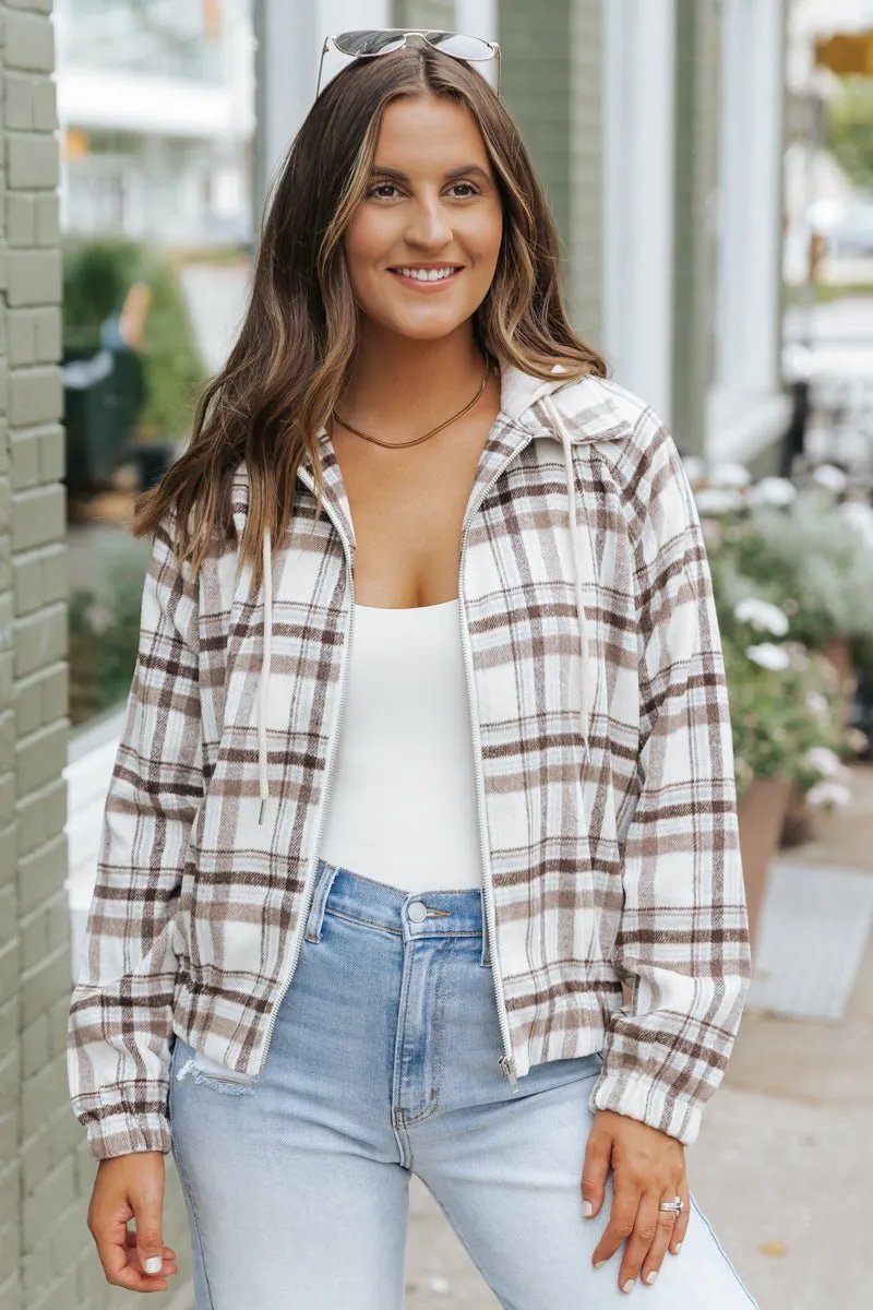 Brown Plaid Hooded Zip Up Jacket - FINAL SALE