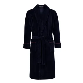 Carnegie Luxury Cotton Long Velvet Smoking Jacket in Navy