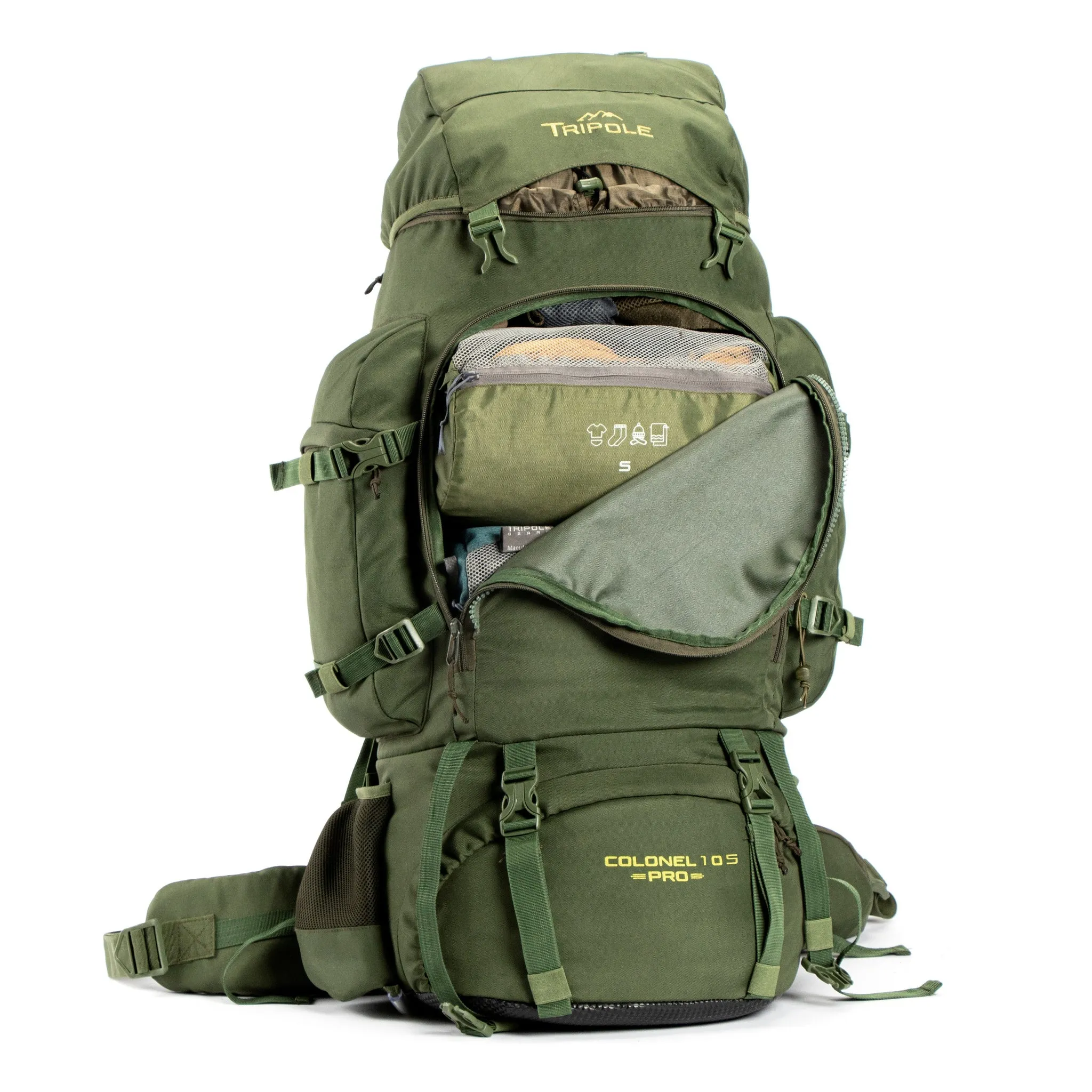 Colonel Pro Metal Frame Rucksack | Front Opening | Detachable Bag | Rain Cover | 105 Litres, Army Green