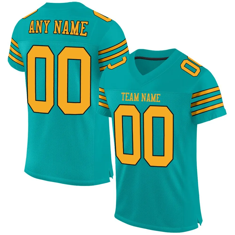 Custom Aqua Gold-Black Classic Style Mesh Authentic Football Jersey