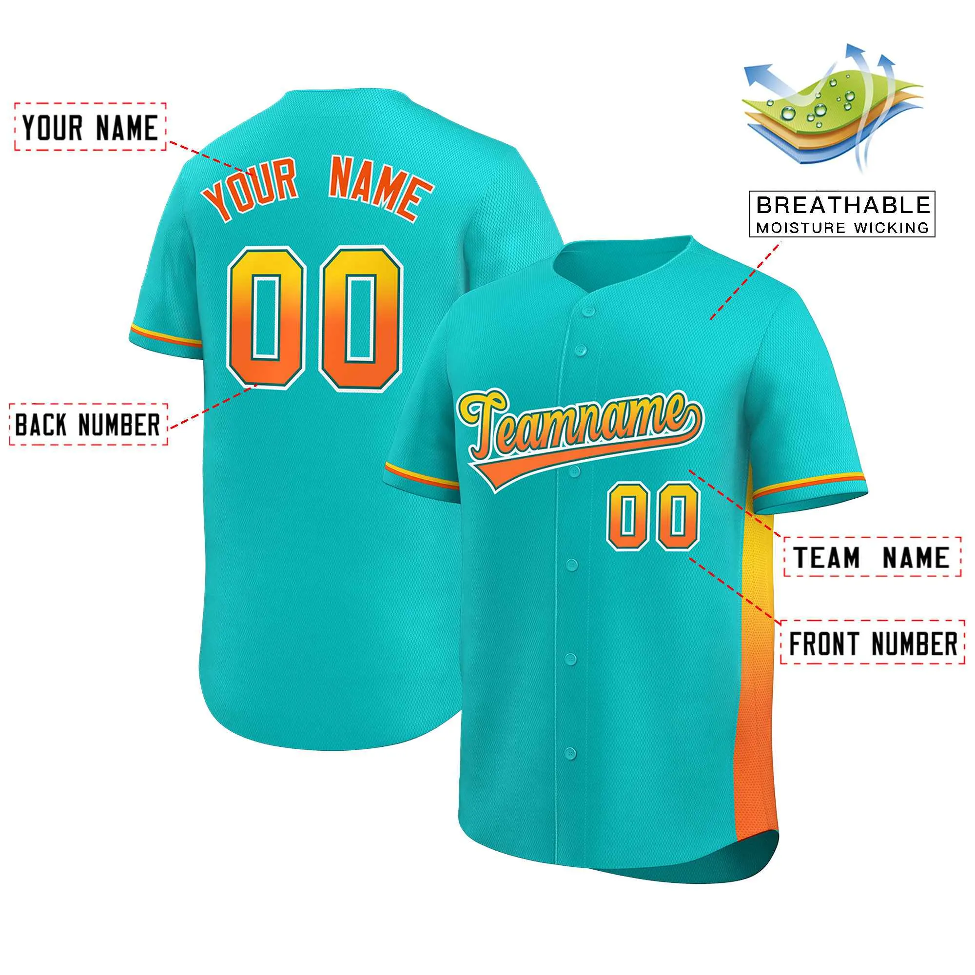 Custom Aqua Gold-Orange Personalized Gradient Font And Side Design Authentic Baseball Jersey