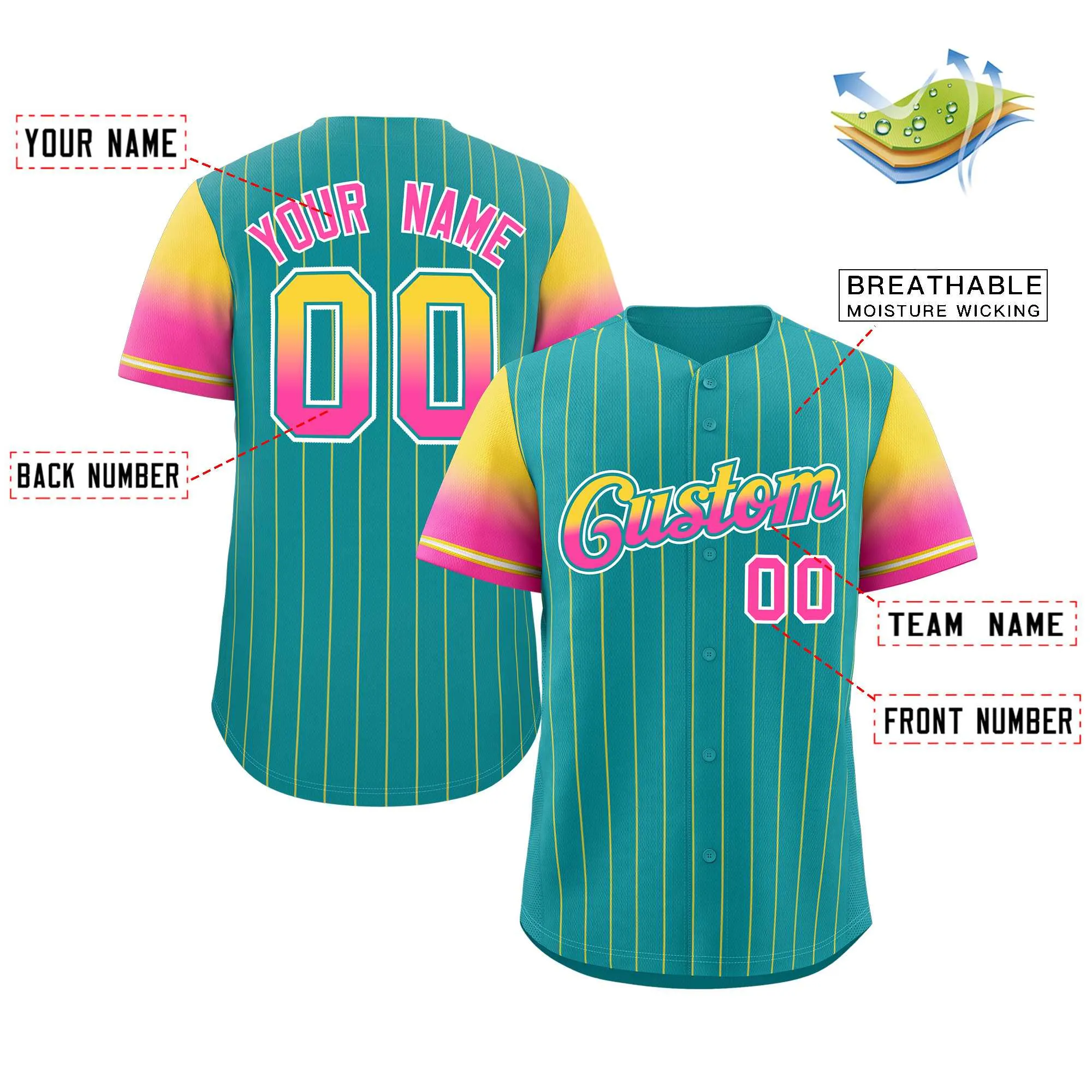 Custom Aqua Gold Pink-Aqua Stripe Font Gradient Fashion Authentic Baseball Jersey