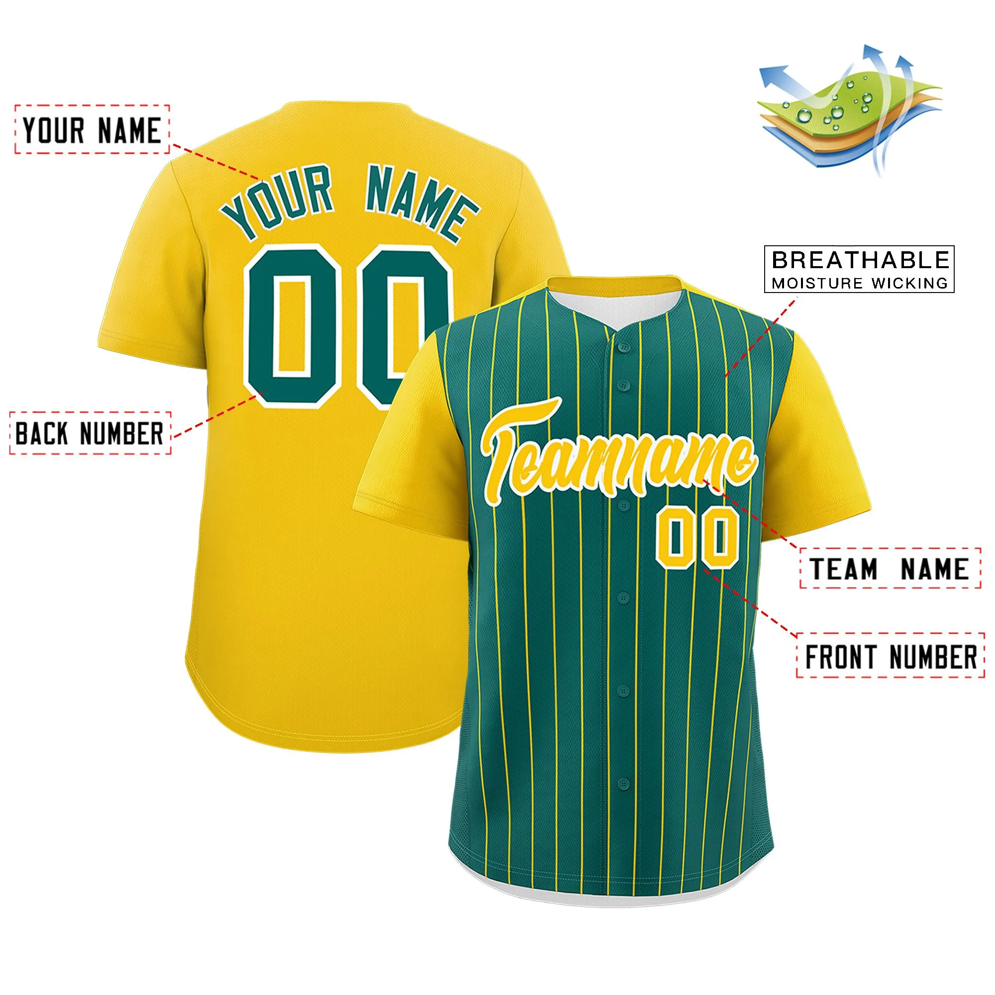 Custom Aqua Gold Pinstripe Personalized Two-Tone Authentic Baseball Jersey