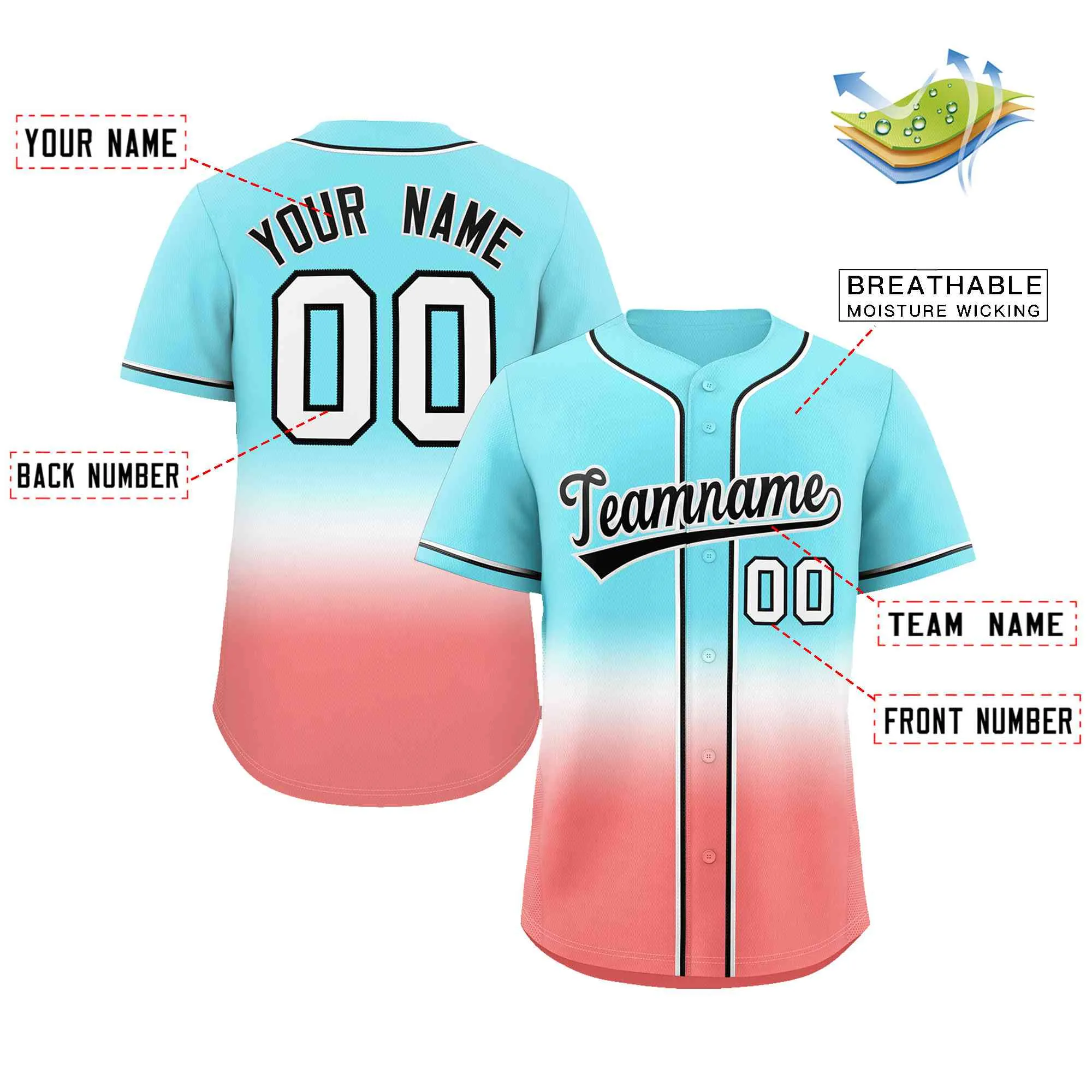 Custom Aqua Light Red Black-White Gradient Fashion Authentic Baseball Jersey