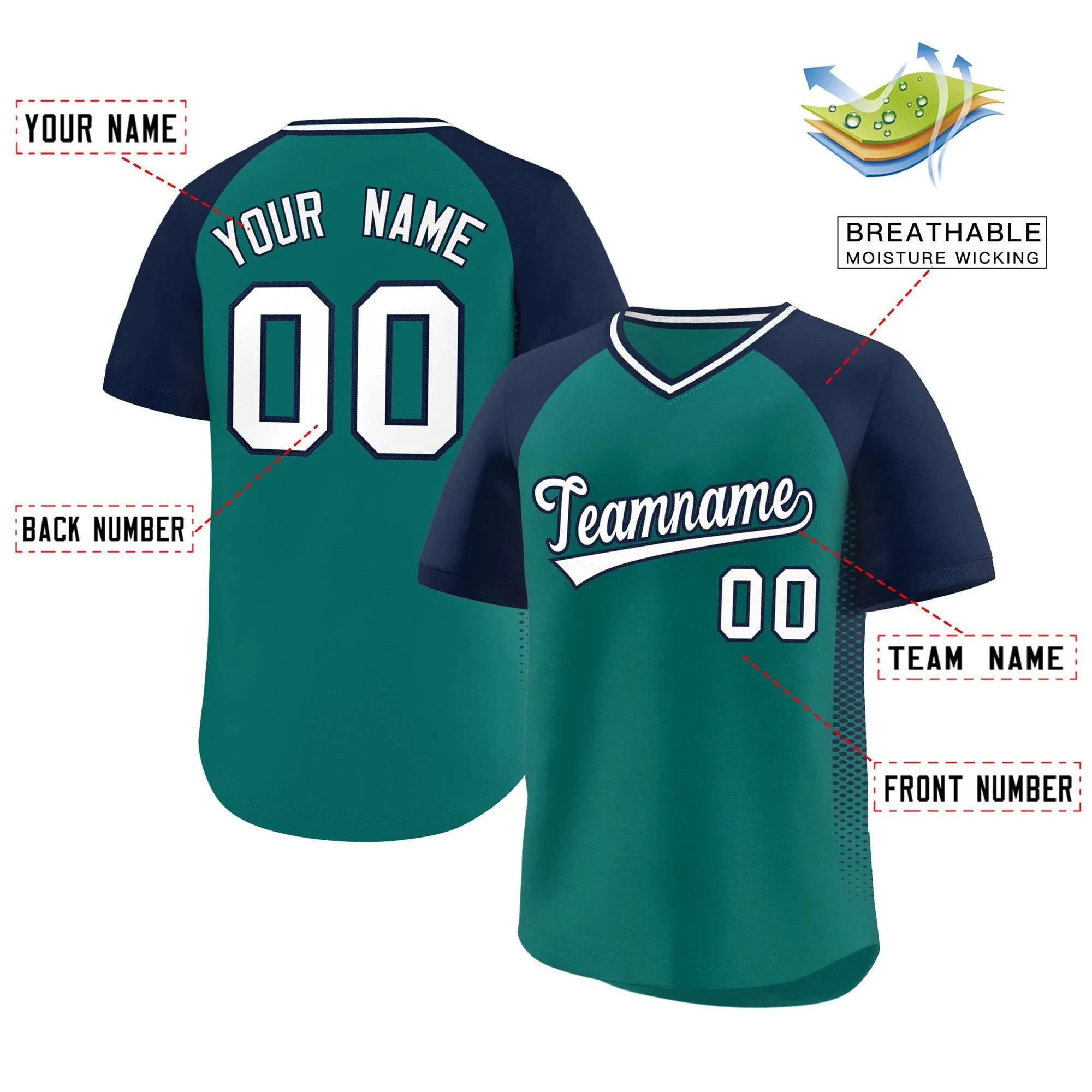 Custom Aqua Navy Raglan Sleeves Side Spot Authentic Pullover Baseball Jersey