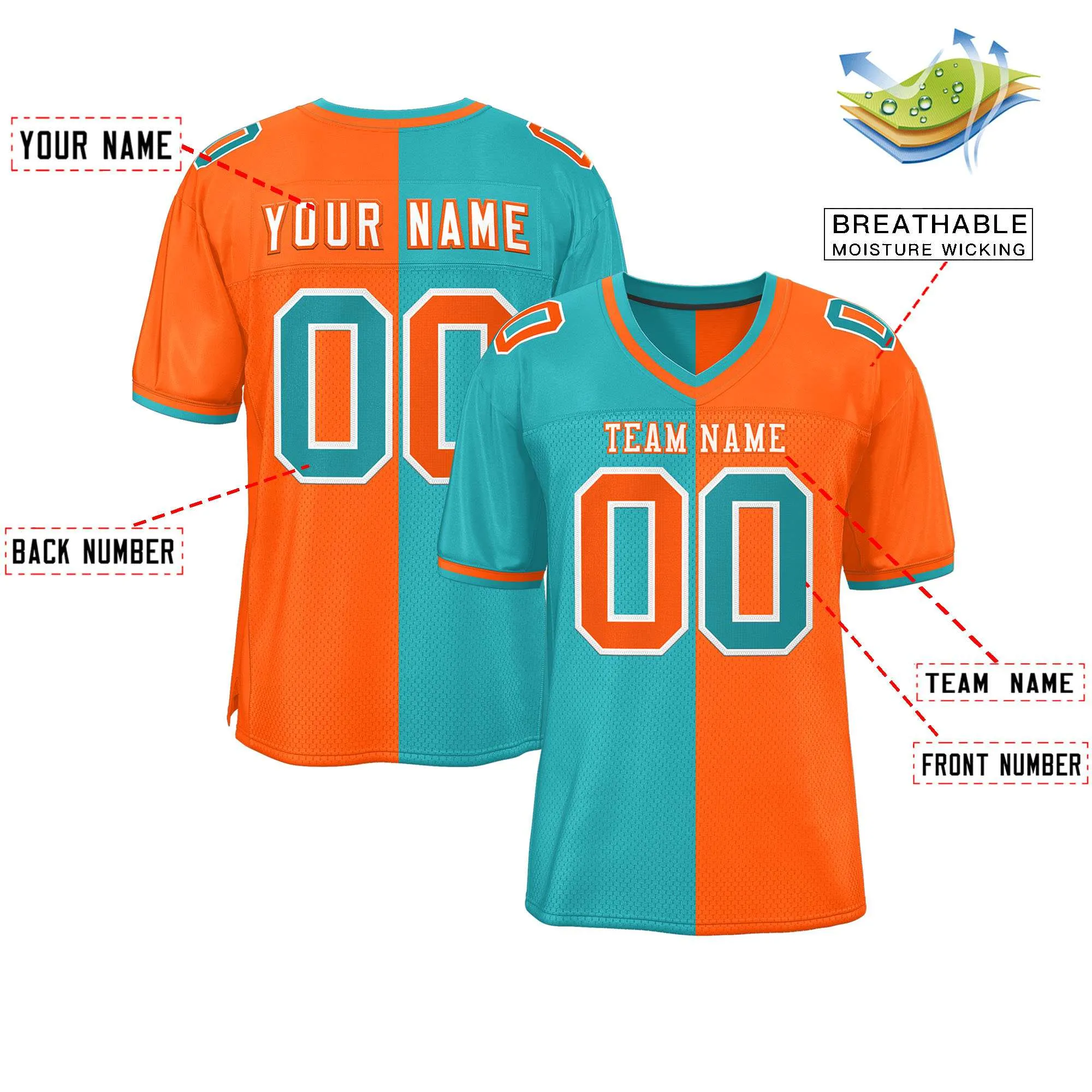 Custom Aqua Orange Personalized Split Two Tone Design Authentic Football Jersey