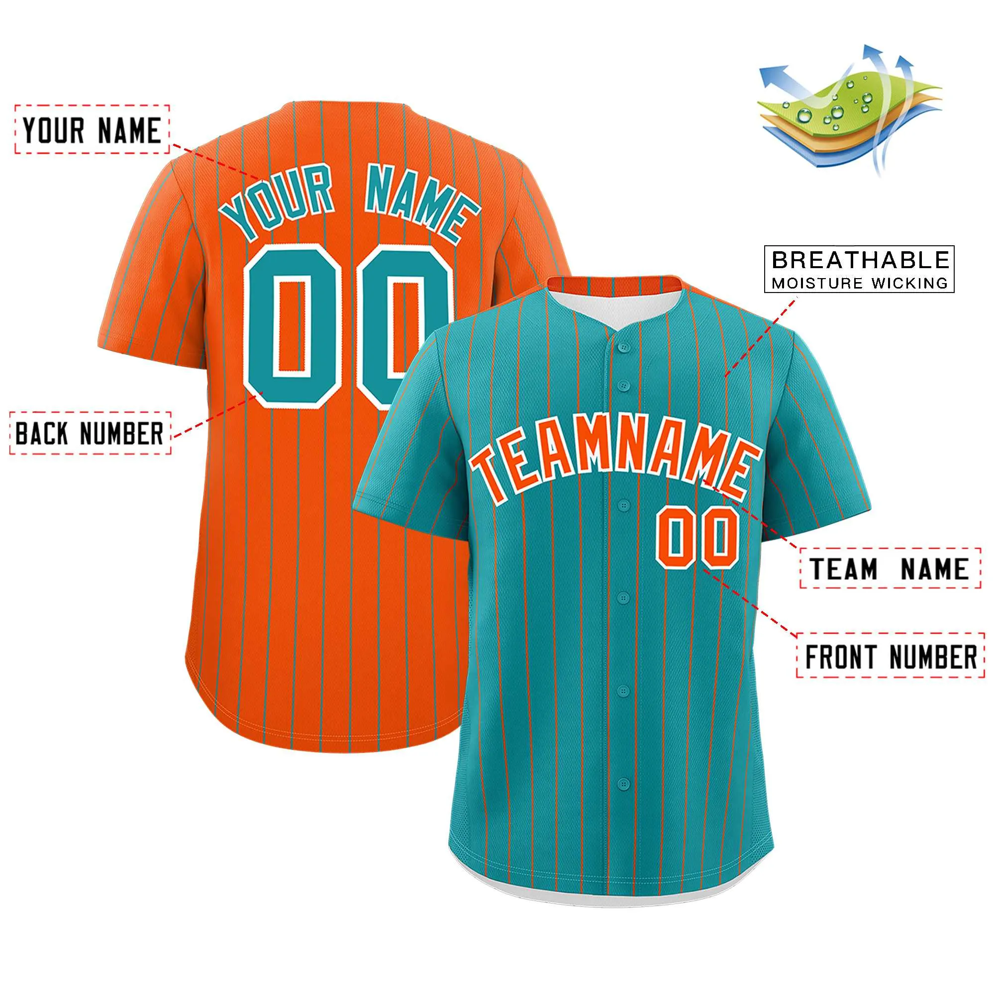 Custom Aqua Orange Pinstripe Personalized Two-Tone Authentic Baseball Jersey