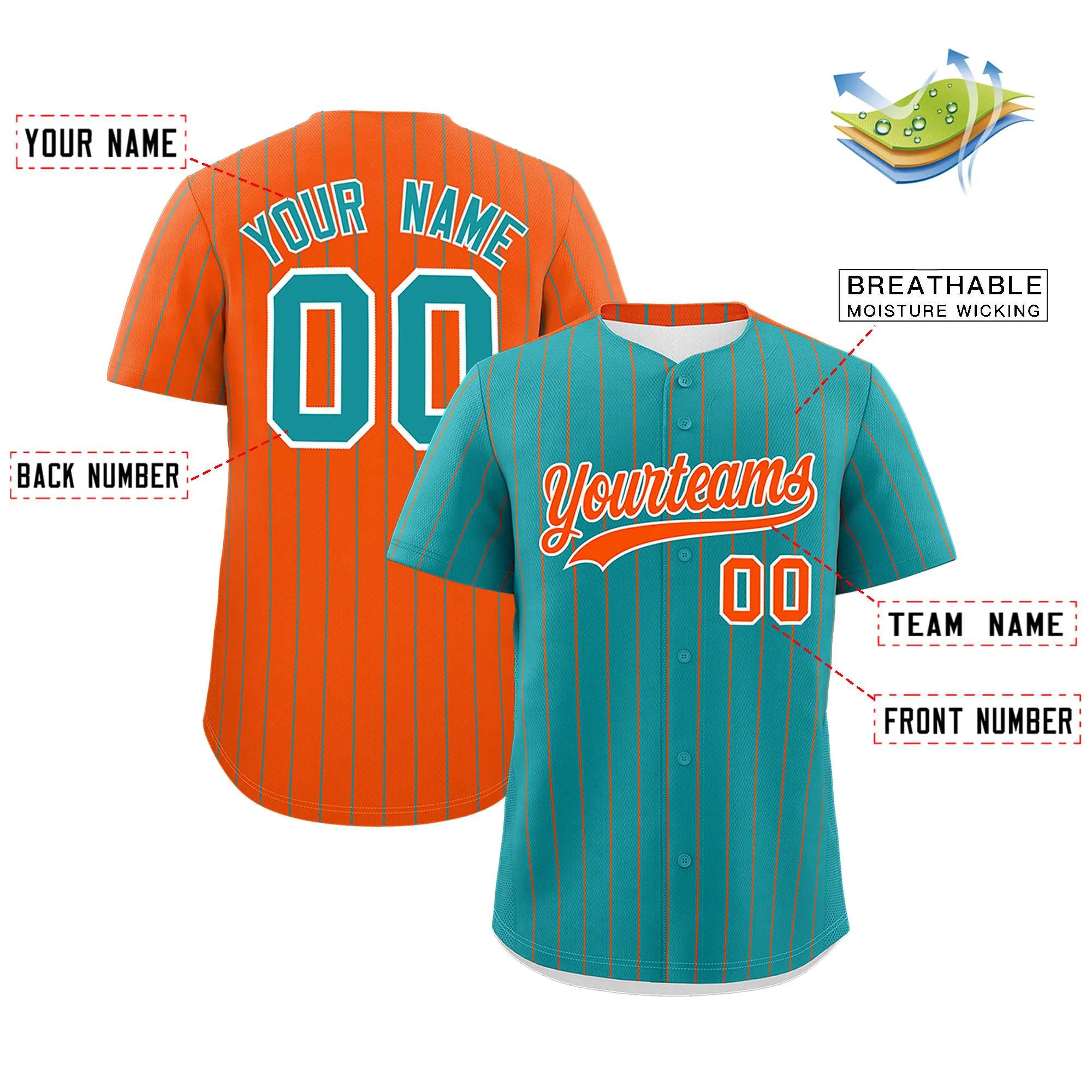 Custom Aqua Orange Pinstripe Personalized Two-Tone Authentic Baseball Jersey