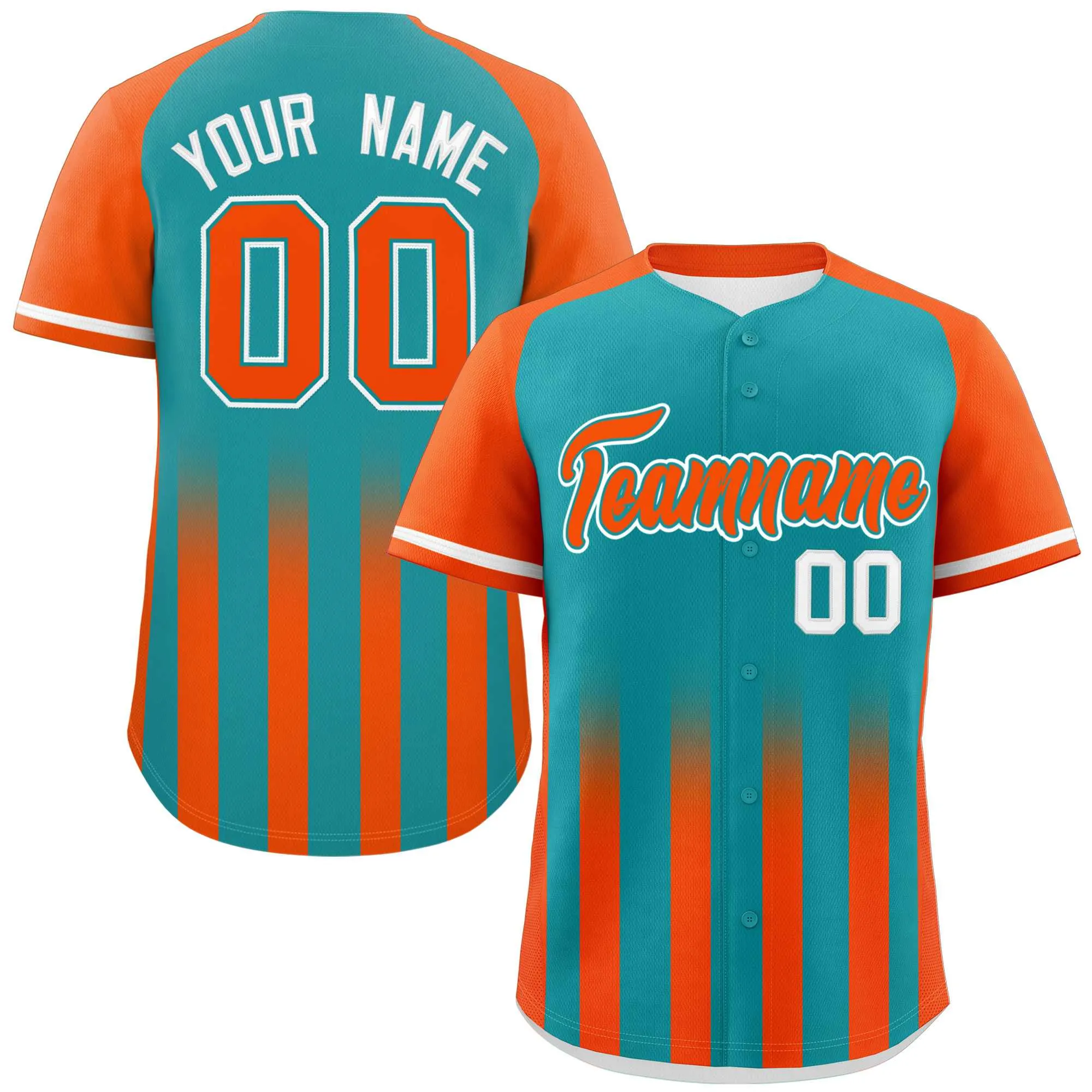 Custom Aqua Orange Raglan Sleeves Gradient Thick Stripe Authentic Baseball Jersey