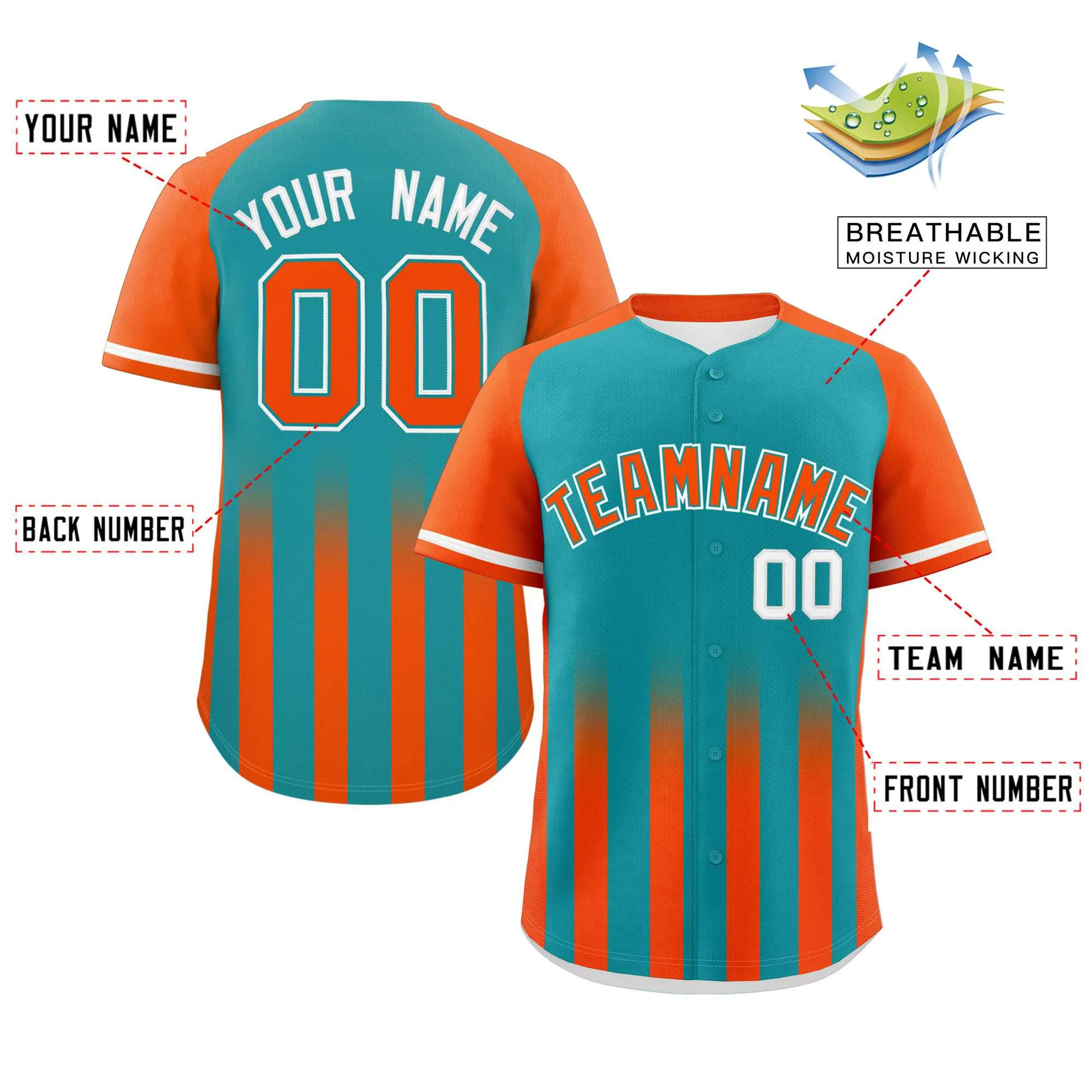 Custom Aqua Orange Raglan Sleeves Gradient Thick Stripe Authentic Baseball Jersey