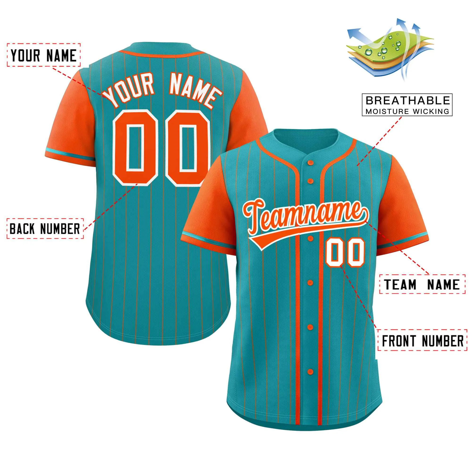 Custom Aqua Orange Stripe Fashion Raglan Sleeves Authentic Baseball Jersey