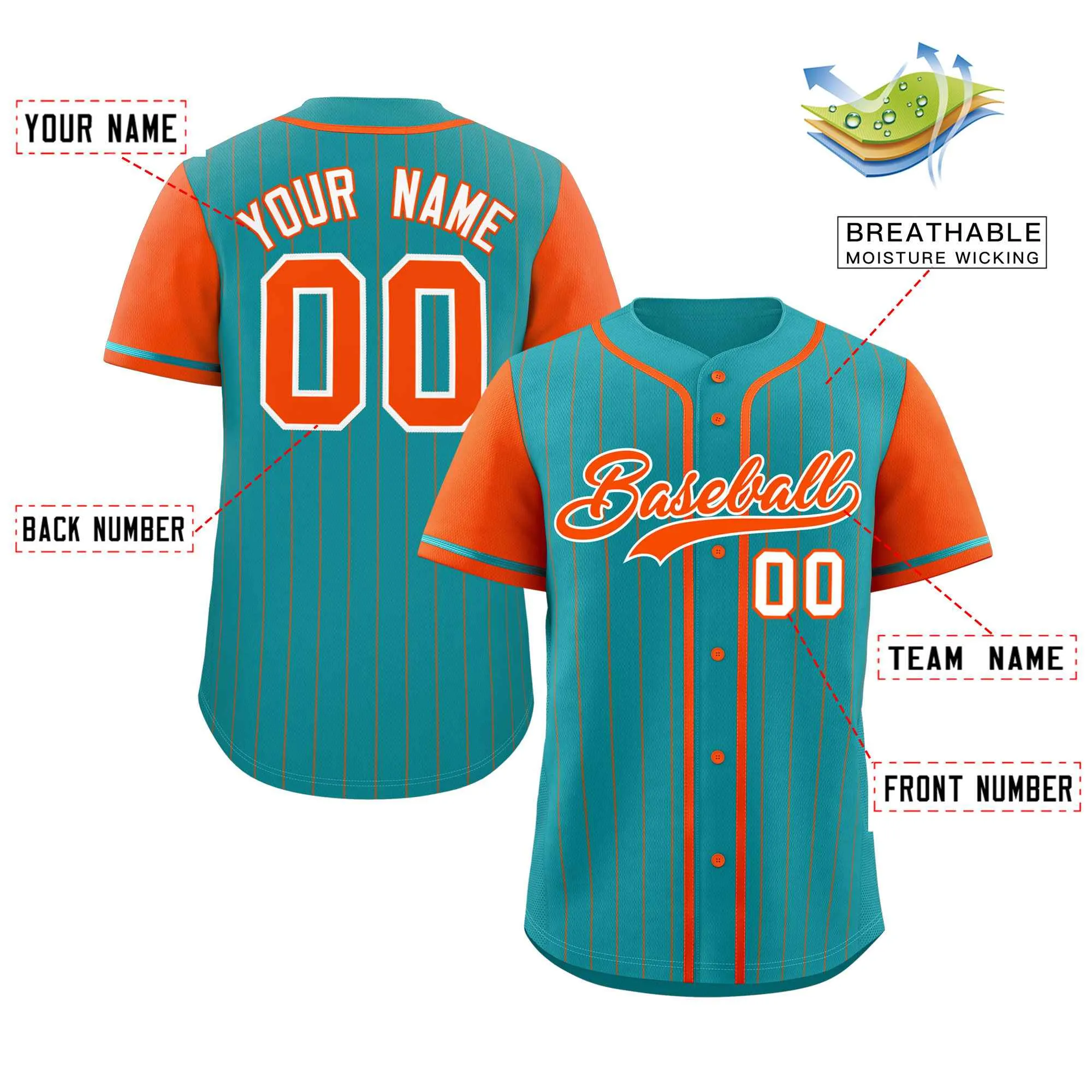 Custom Aqua Orange Stripe Fashion Raglan Sleeves Authentic Baseball Jersey