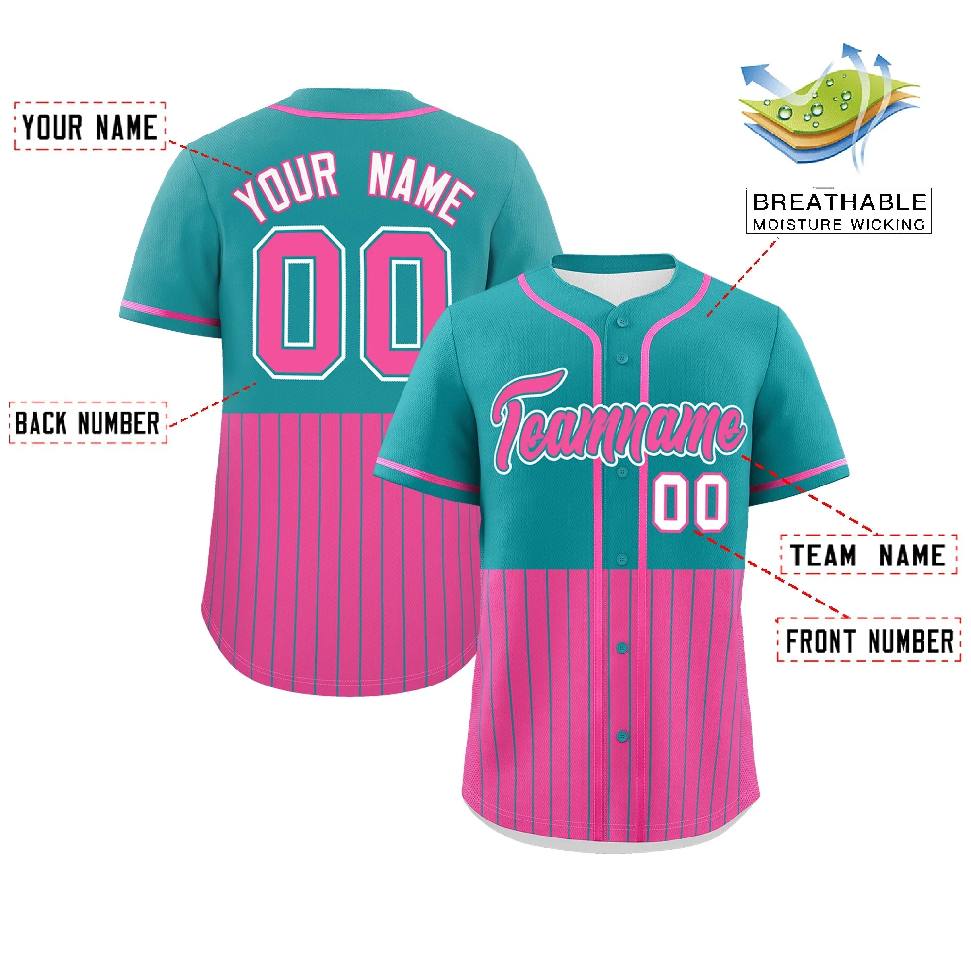 Custom Aqua Pink Personalized Half Stripe Design Authentic Baseball Jersey