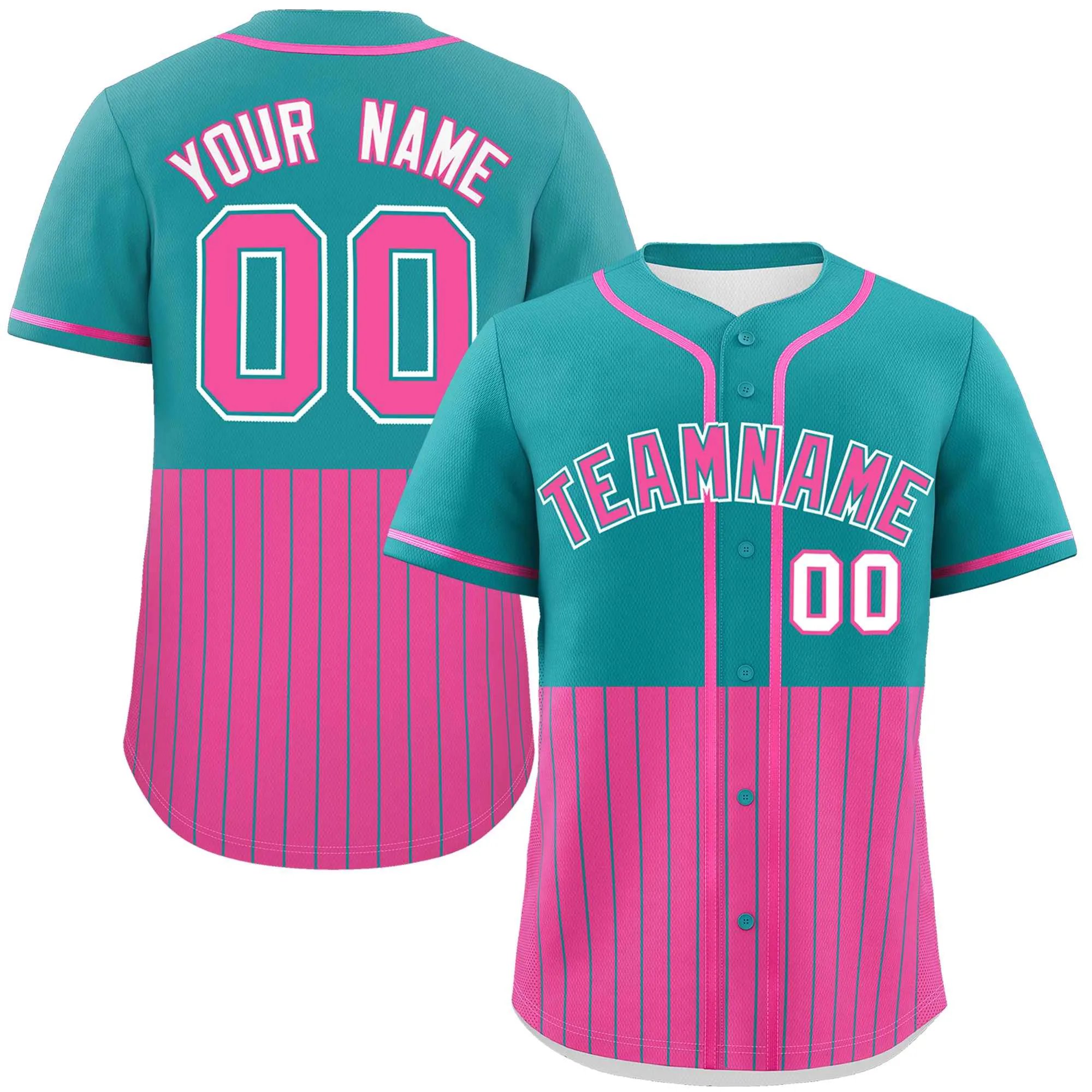 Custom Aqua Pink Personalized Half Stripe Design Authentic Baseball Jersey