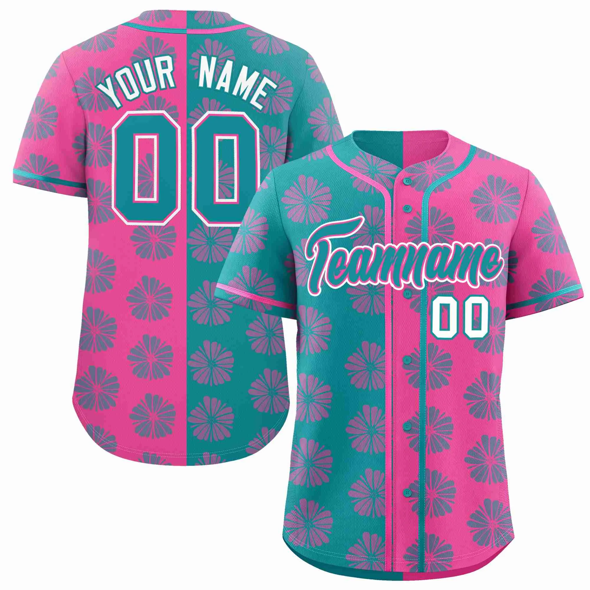 Custom Aqua Pink Split Fashion Flower Graffiti Pattern Authentic Baseball Jersey