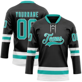 Custom Black Aqua-White Hockey Lace Neck Jersey