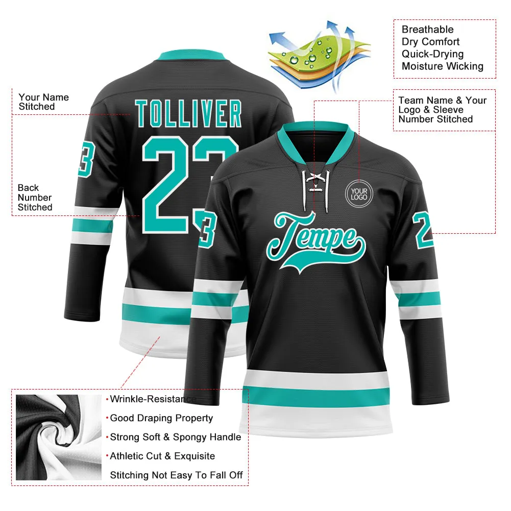 Custom Black Aqua-White Hockey Lace Neck Jersey