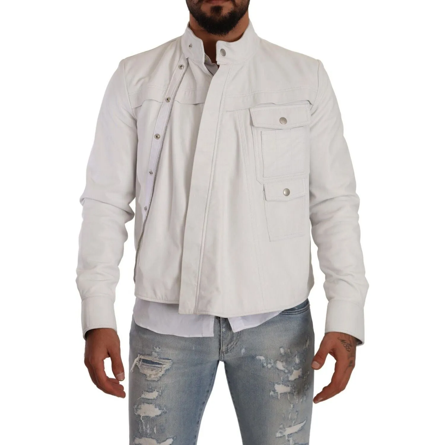 Diesel Exquisite White Leather Biker Jacket