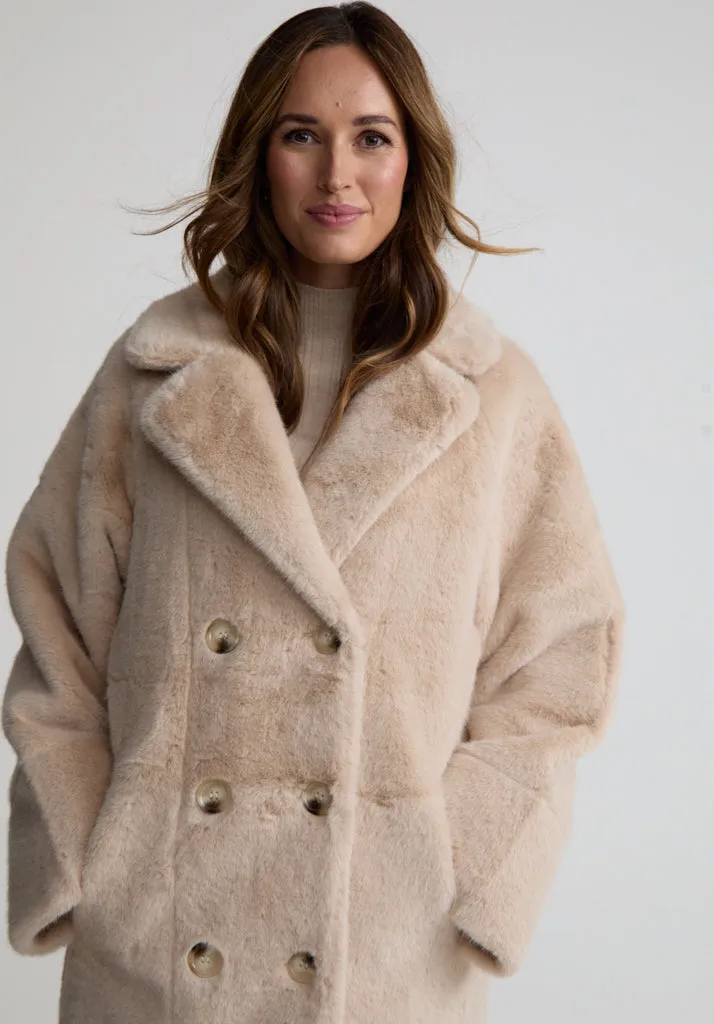 Emma Longline Faux Fur Coat In Cream