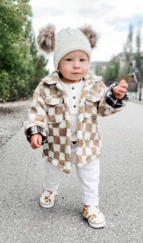 Kids Teddy Plush Beige Check Shacket