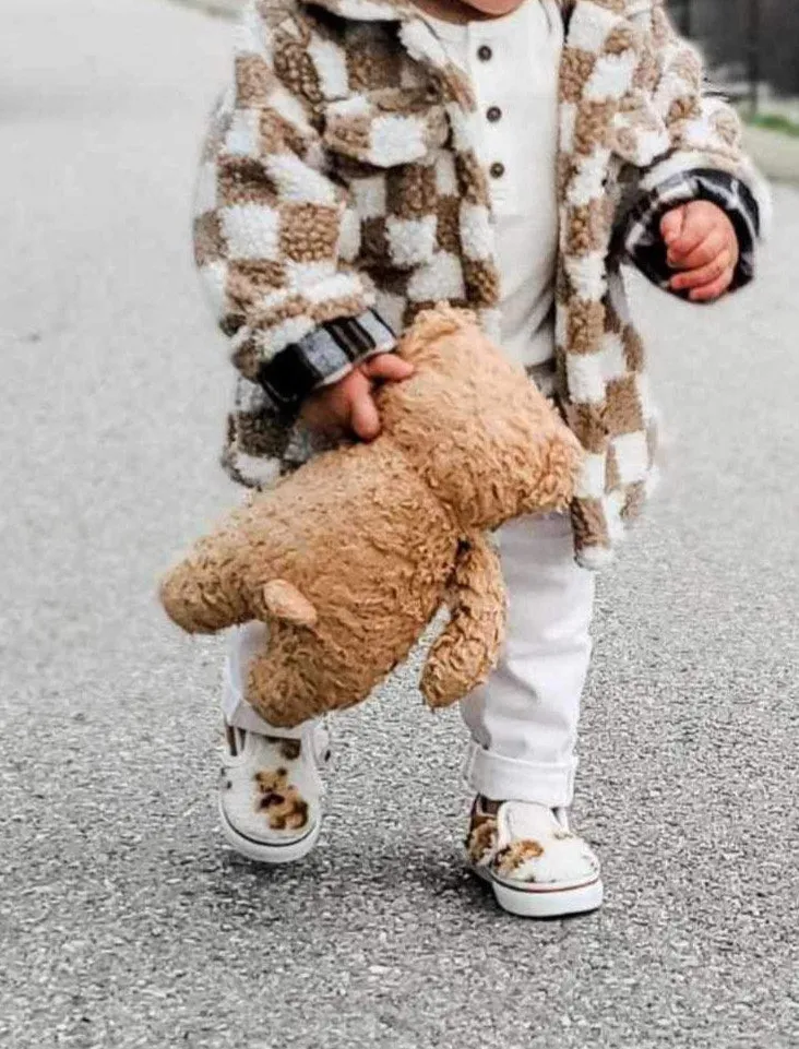 Kids Teddy Plush Beige Check Shacket