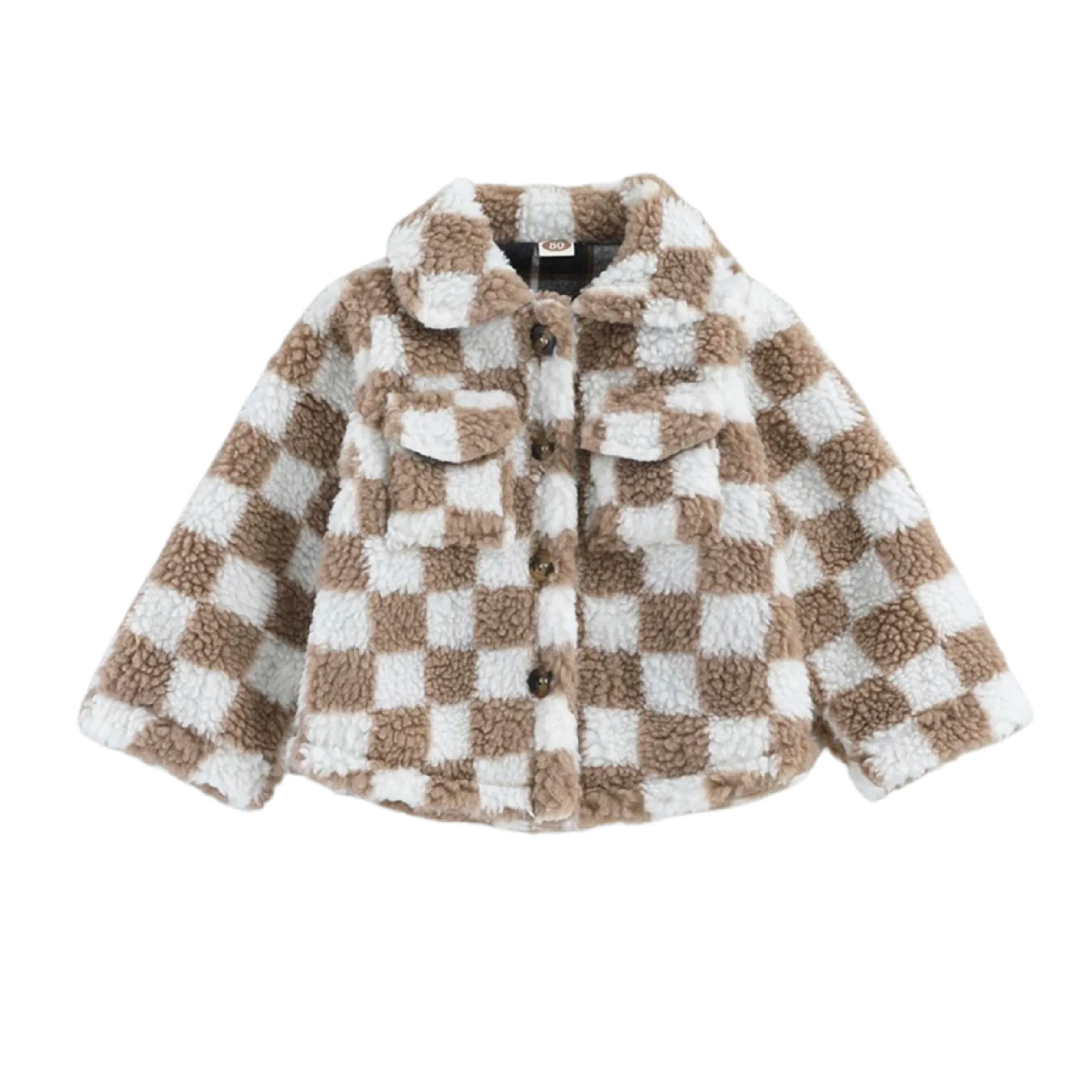 Kids Teddy Plush Beige Check Shacket