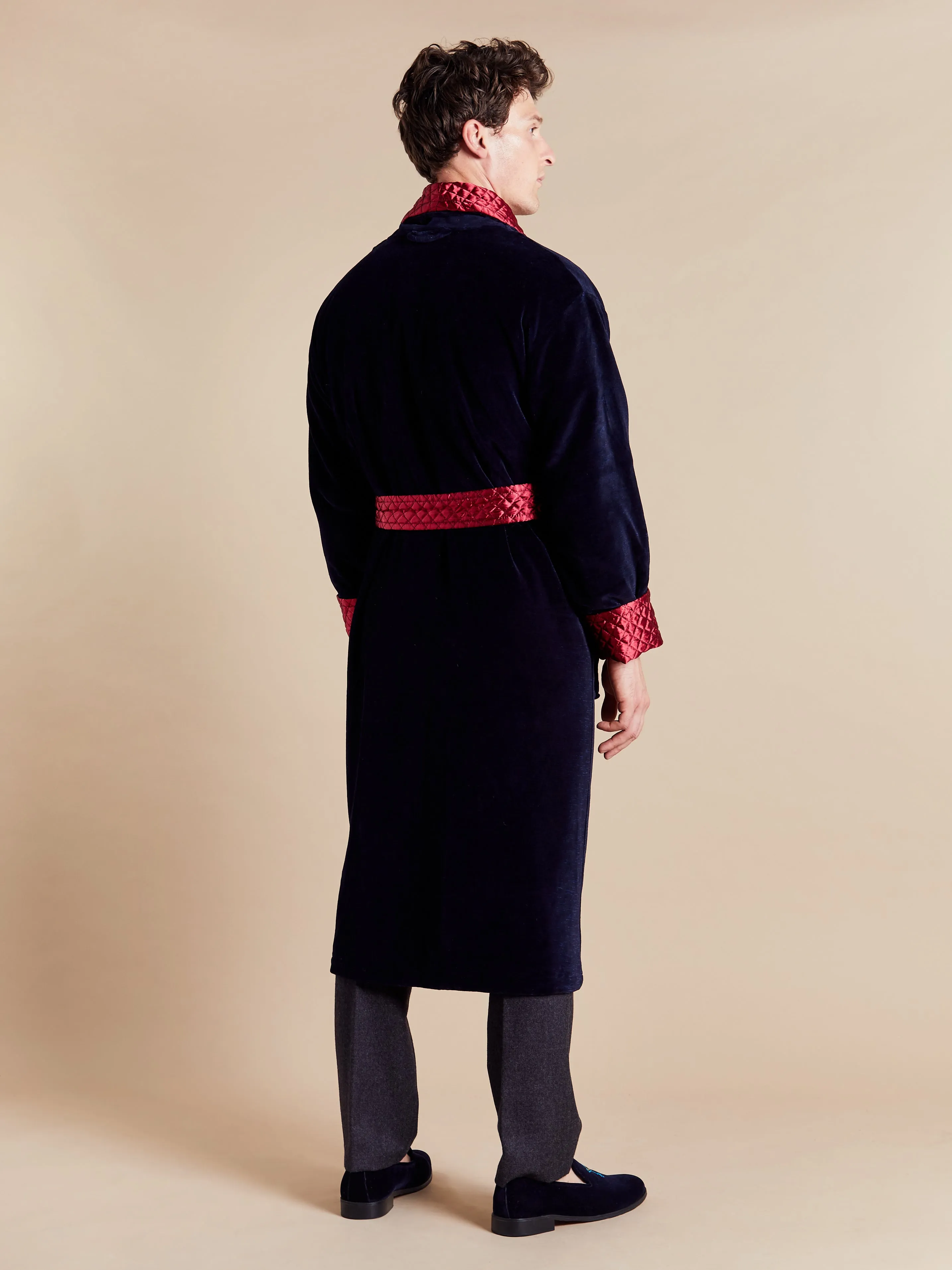 Mayfair Long Velvet Navy Smoking Jacket with Burgundy Piping