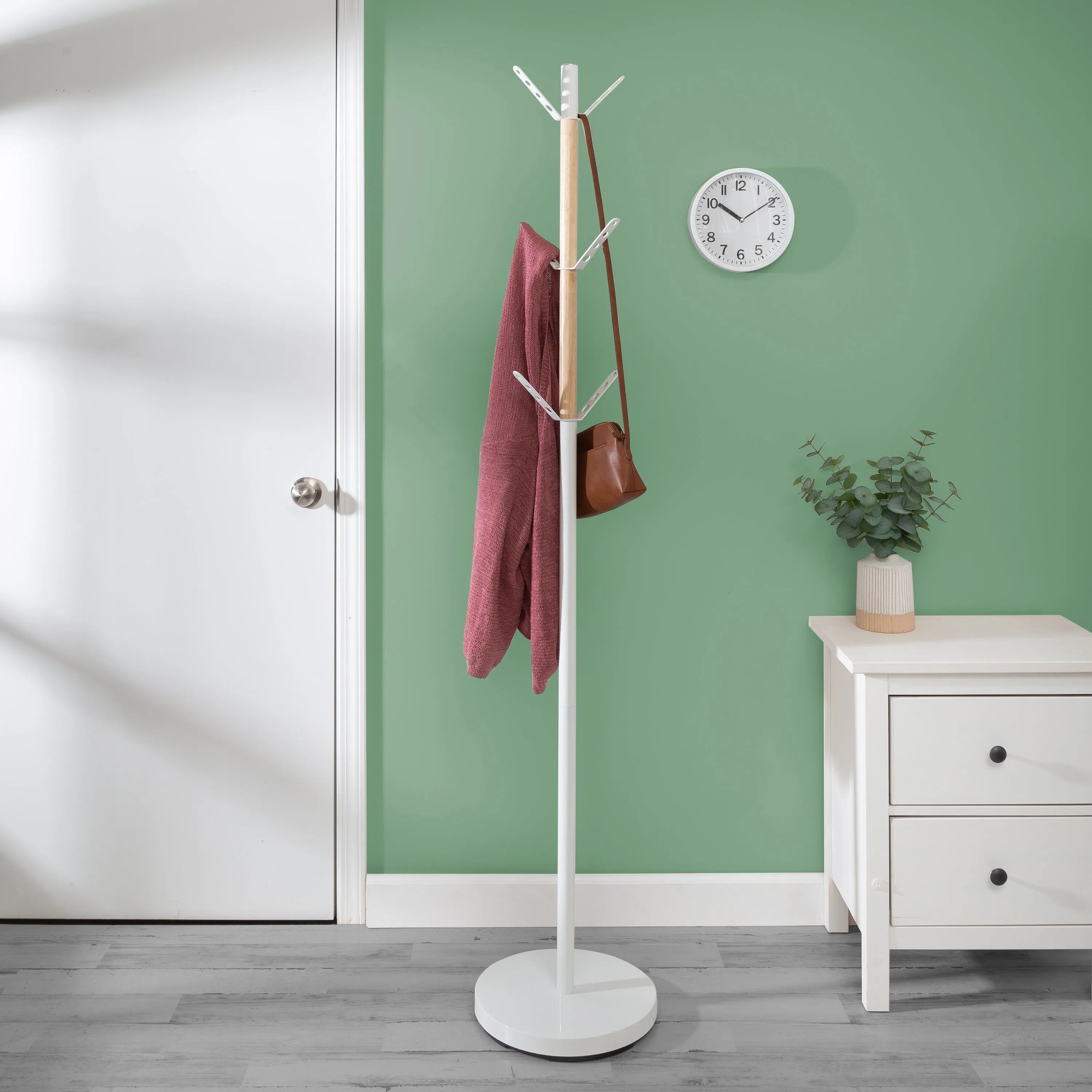 Natural/White Freestanding Coat Rack with 6 Hooks