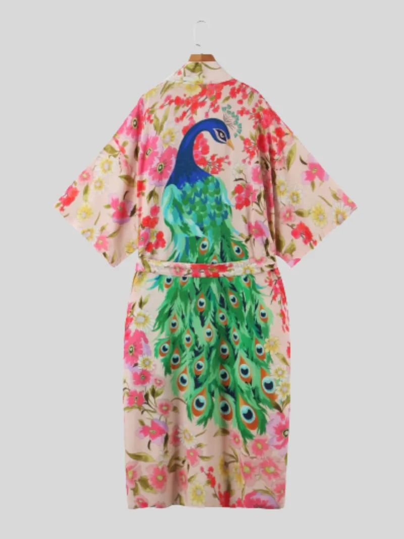 Women's Beautiful Peacock Large Size Print Cardigan Long Kimono Jacket