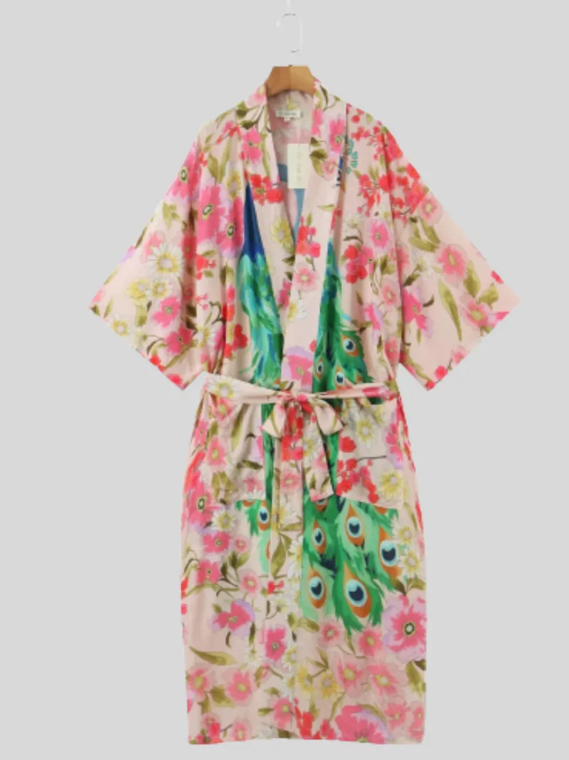 Women's Beautiful Peacock Large Size Print Cardigan Long Kimono Jacket